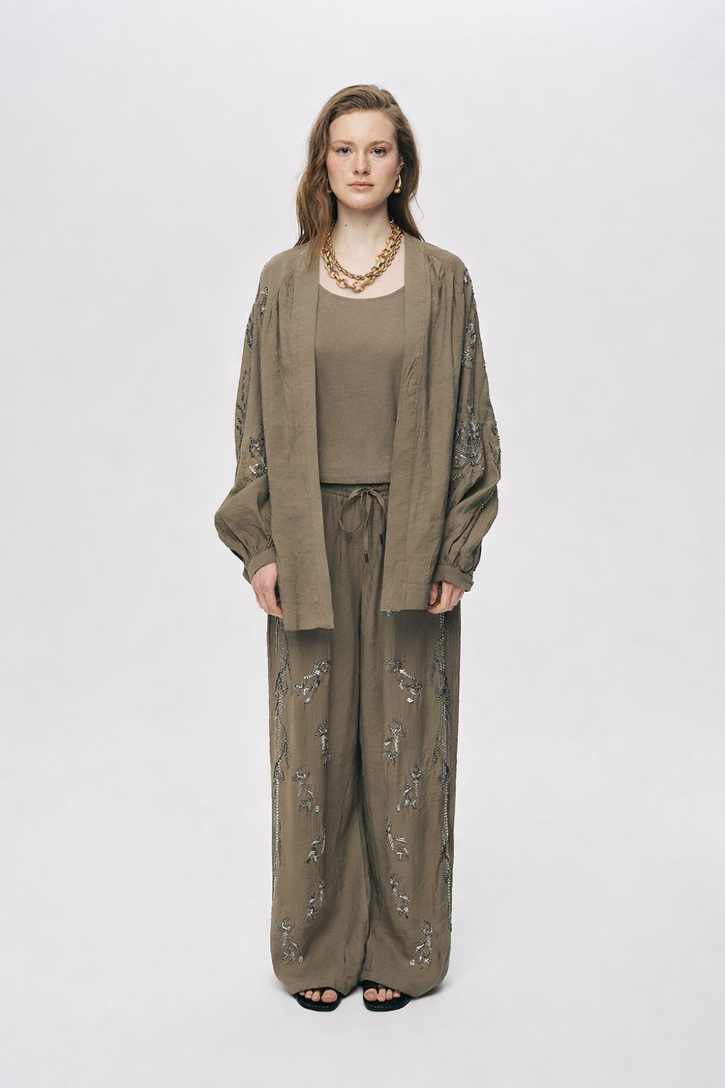 Khaki premium Rhinestone Embellished Two-Piece Set