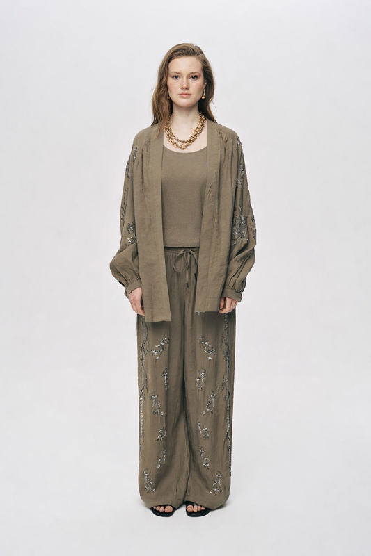 Khaki premium Rhinestone Embellished Two-Piece Set