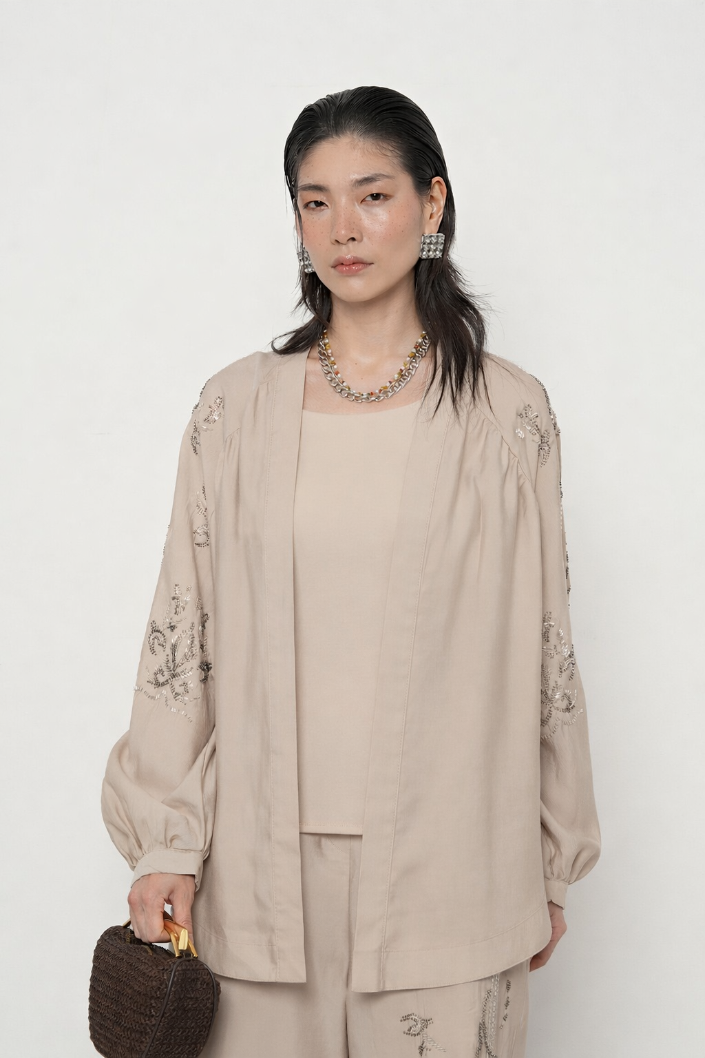 Beige premium Rhinestone Embellished Two-Piece Set