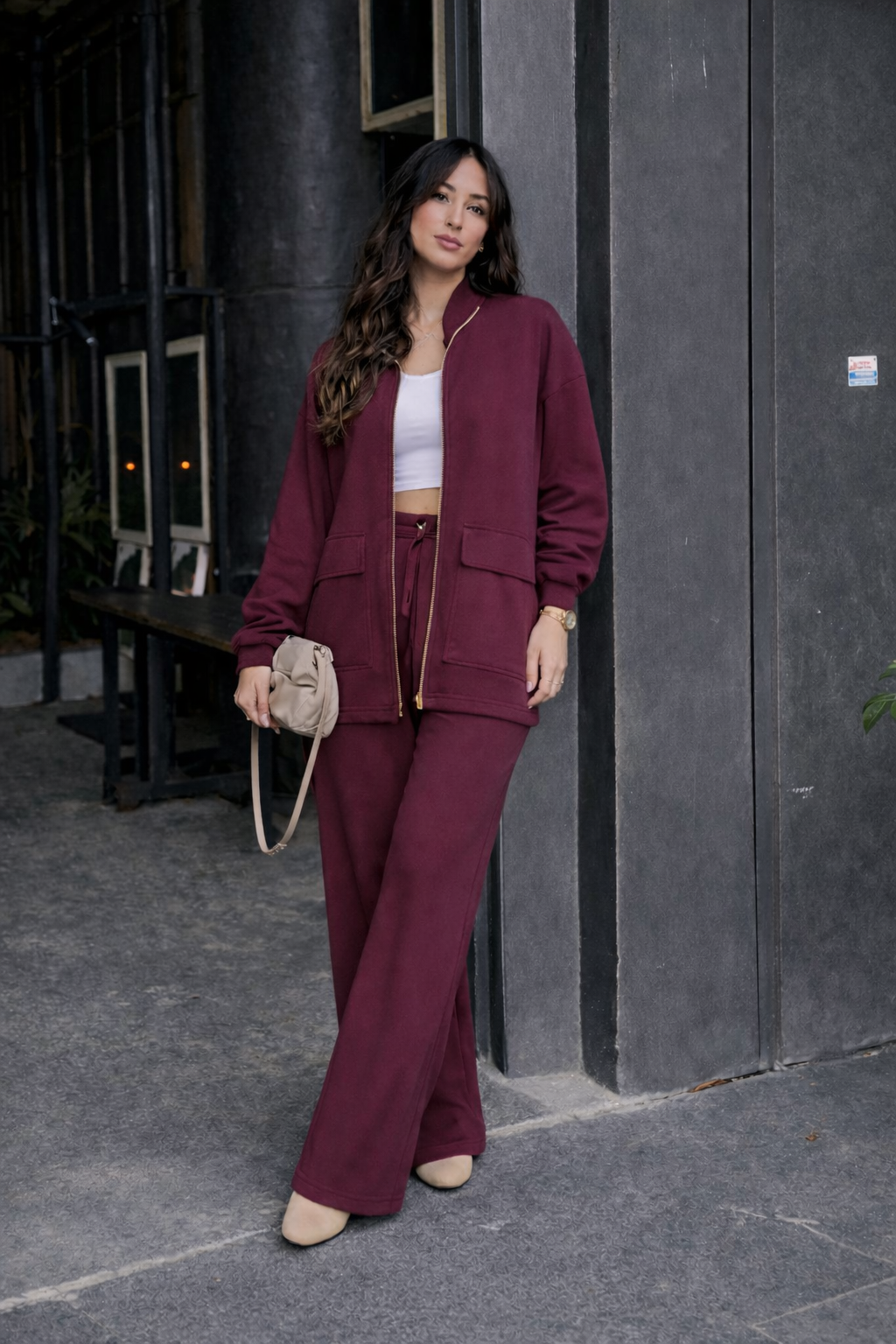 Oysho fabric burgundy Suit with Waist Gathering Detail