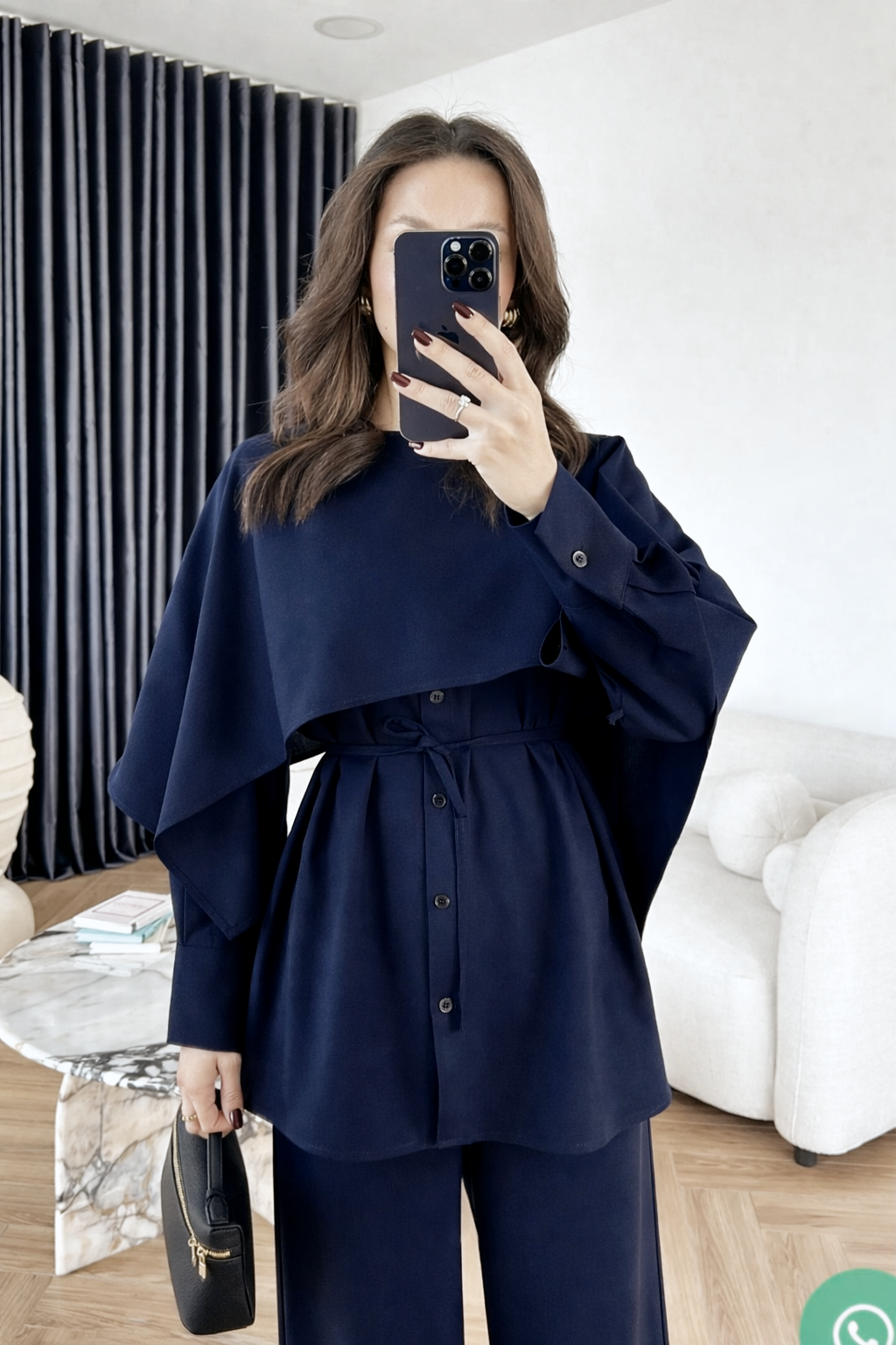 shirt with Cape,waistband Pants co-ord set - navy blue