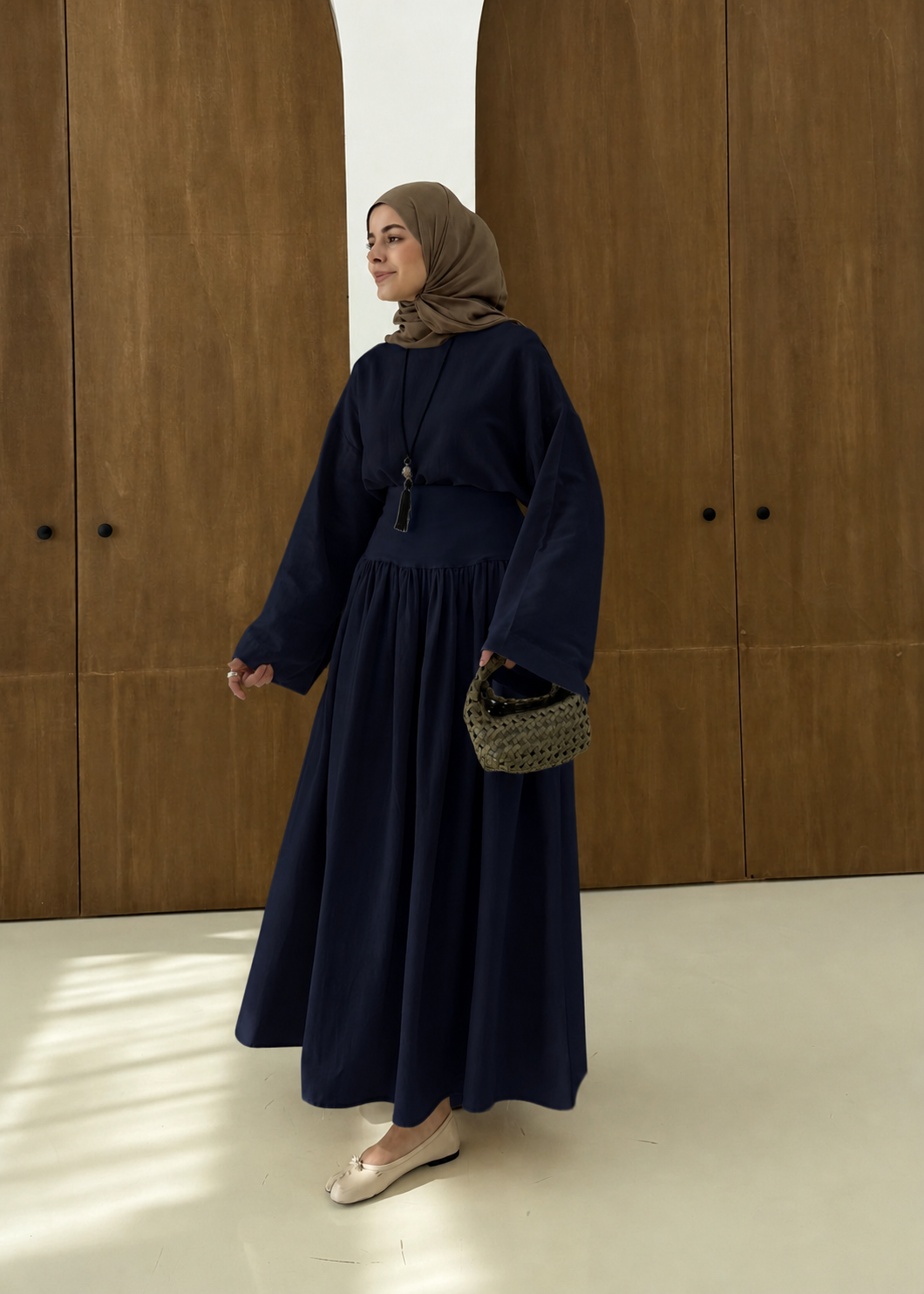 Wide sleeve blouse, High-waisted skirt with flowy silhouette Two-Piece Set - navy blue