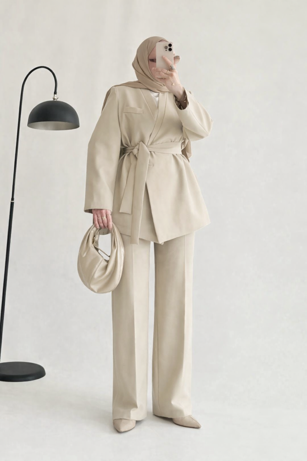 Beige Premium belted blazer wide leg trouser suit