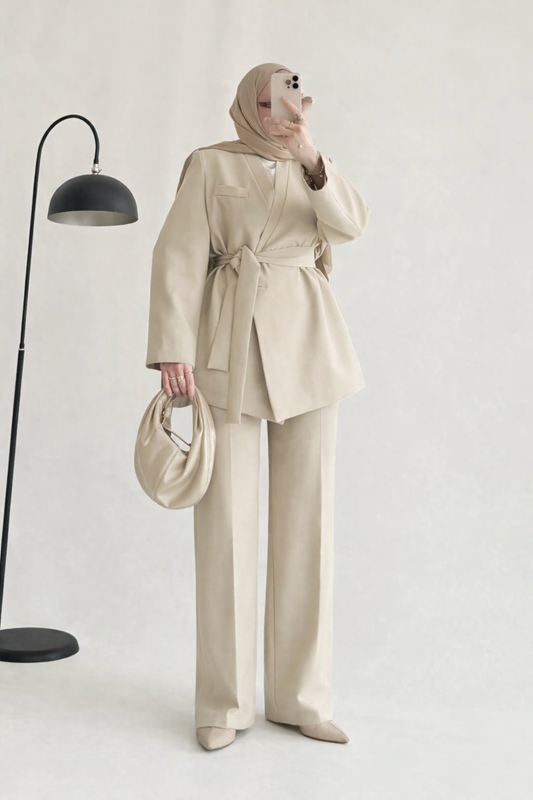 Beige Premium belted blazer wide leg trouser suit