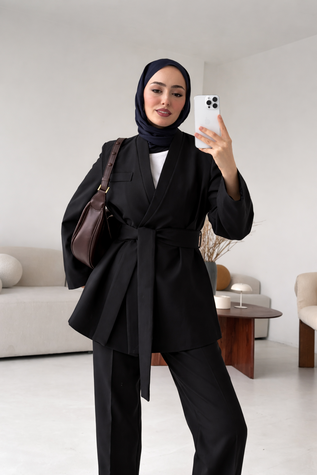 Black Premium belted blazer wide leg trouser suit