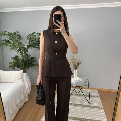 ZR Model striped brown Belted Vest Set