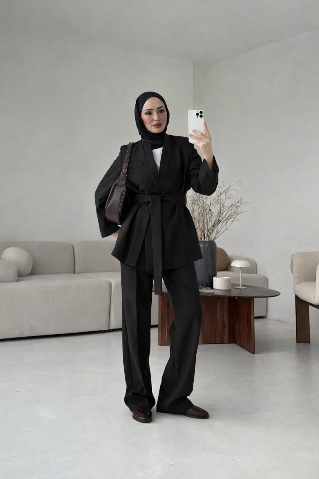 Black Premium belted blazer wide leg trouser suit