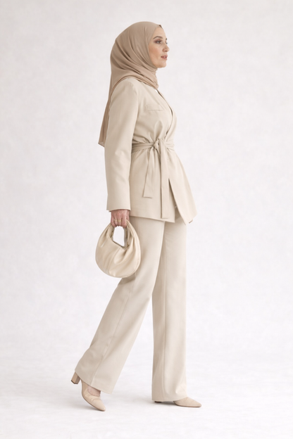 Beige Premium belted blazer wide leg trouser suit