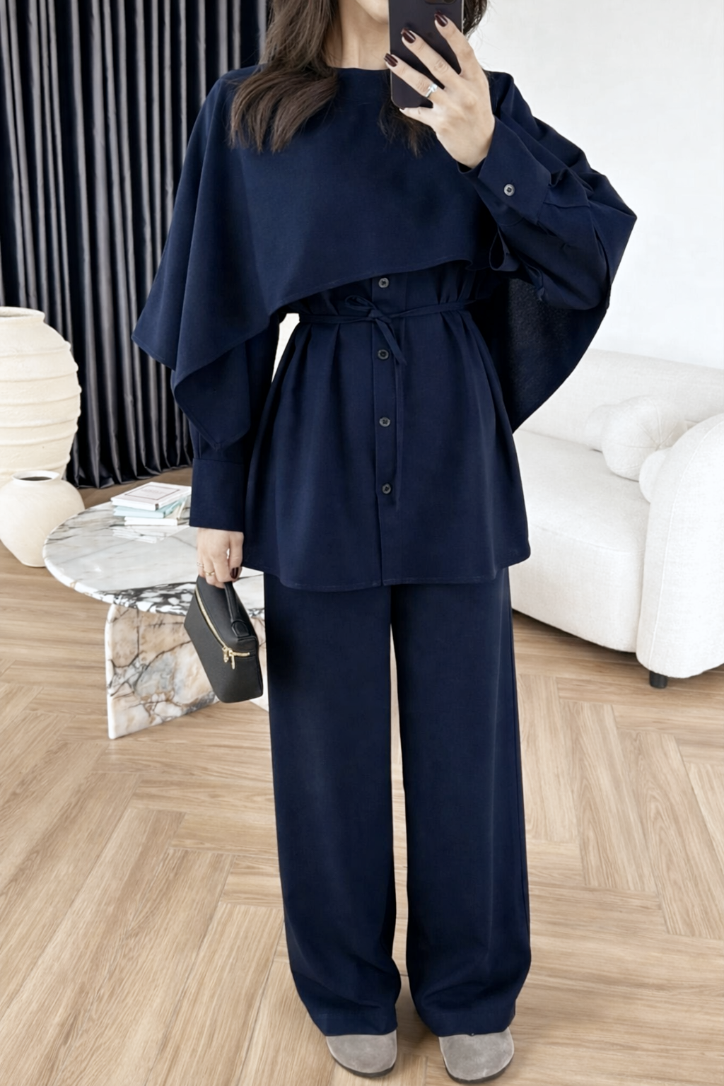 shirt with Cape,waistband Pants co-ord set - navy blue