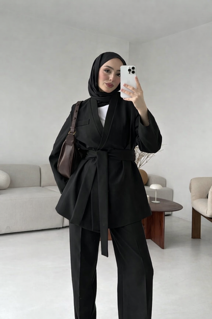 Black Premium belted blazer wide leg trouser suit