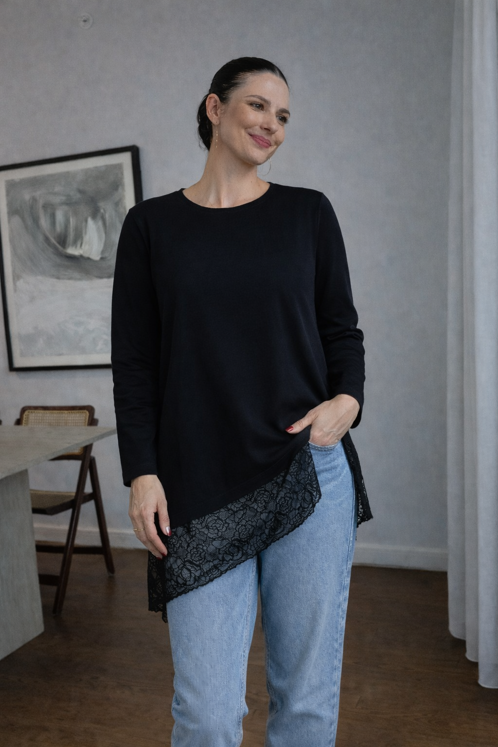 Oversized bias-cut blouse with lace details