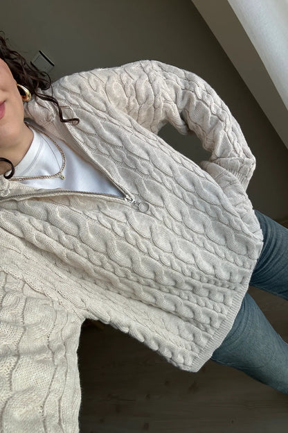 Half Zip Knitted Braided Textured Jumper