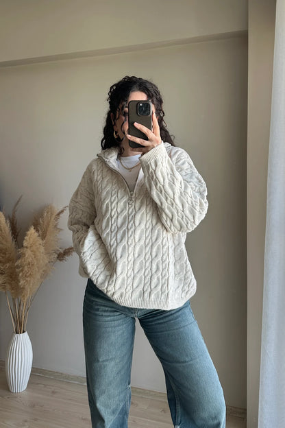 Half Zip Knitted Braided Textured Jumper