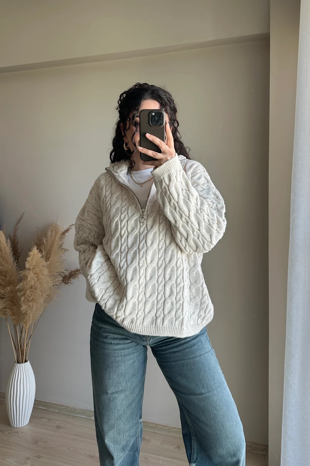 Half Zip Knitted Braided Textured Jumper