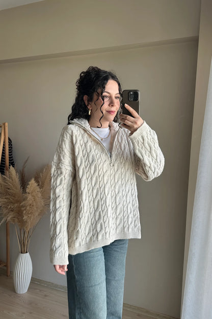 Half Zip Knitted Braided Textured Jumper