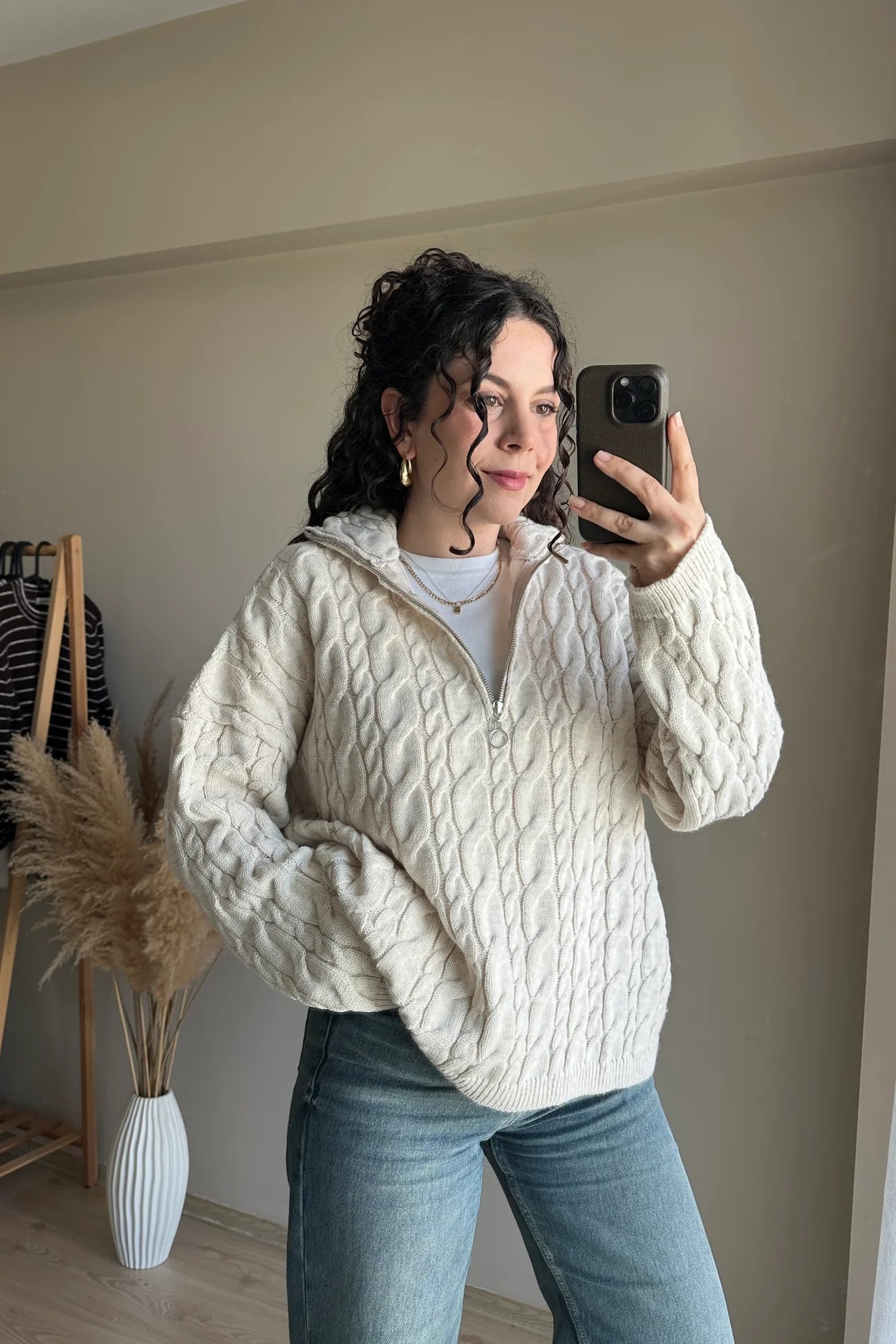 Half Zip Knitted Braided Textured Jumper