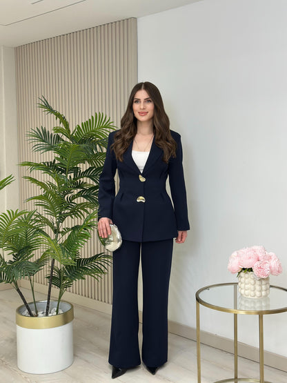 Large Buttoned, Waist-Fit Suit -  navy blue
