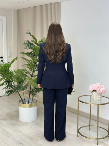 Large Buttoned, Waist-Fit Suit -  navy blue