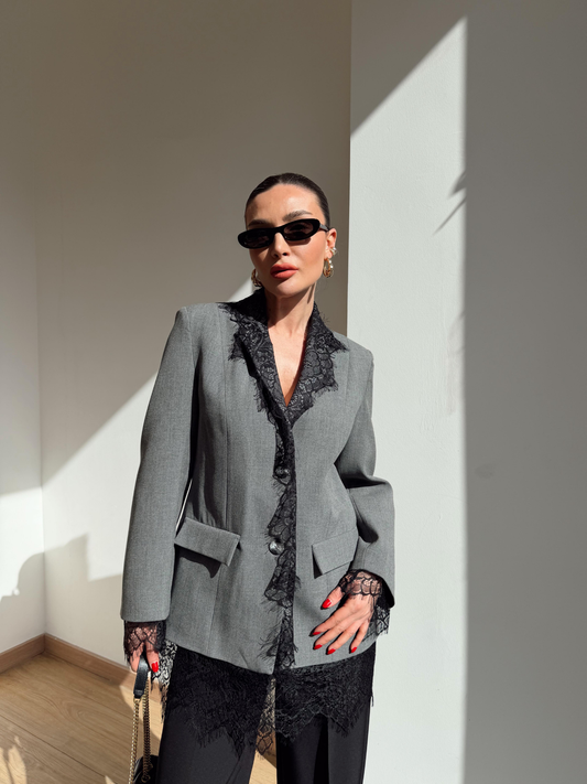 Grey Blazer Jacket with Lace Details