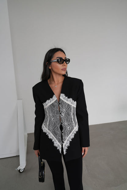 Linay black Blazer Jacket with Lace Details