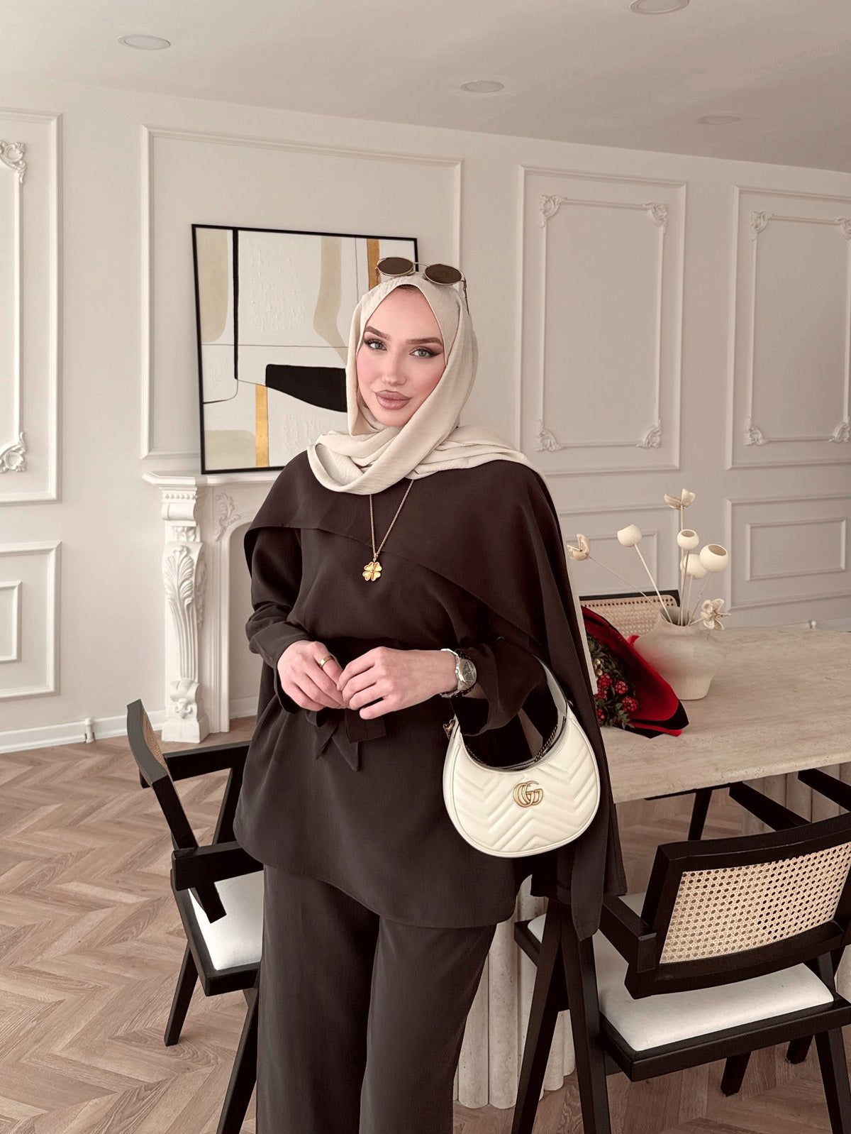 Brown Cape Style Two-Piece Set