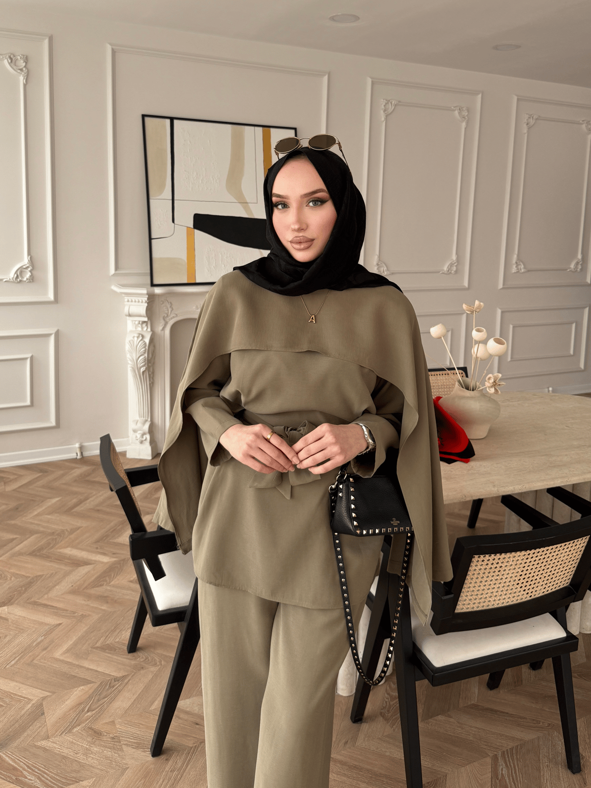 Olive Green Cape Style Two-Piece Set