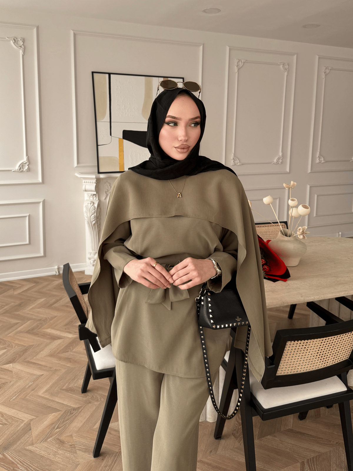 Olive Green Cape Style Two-Piece Set