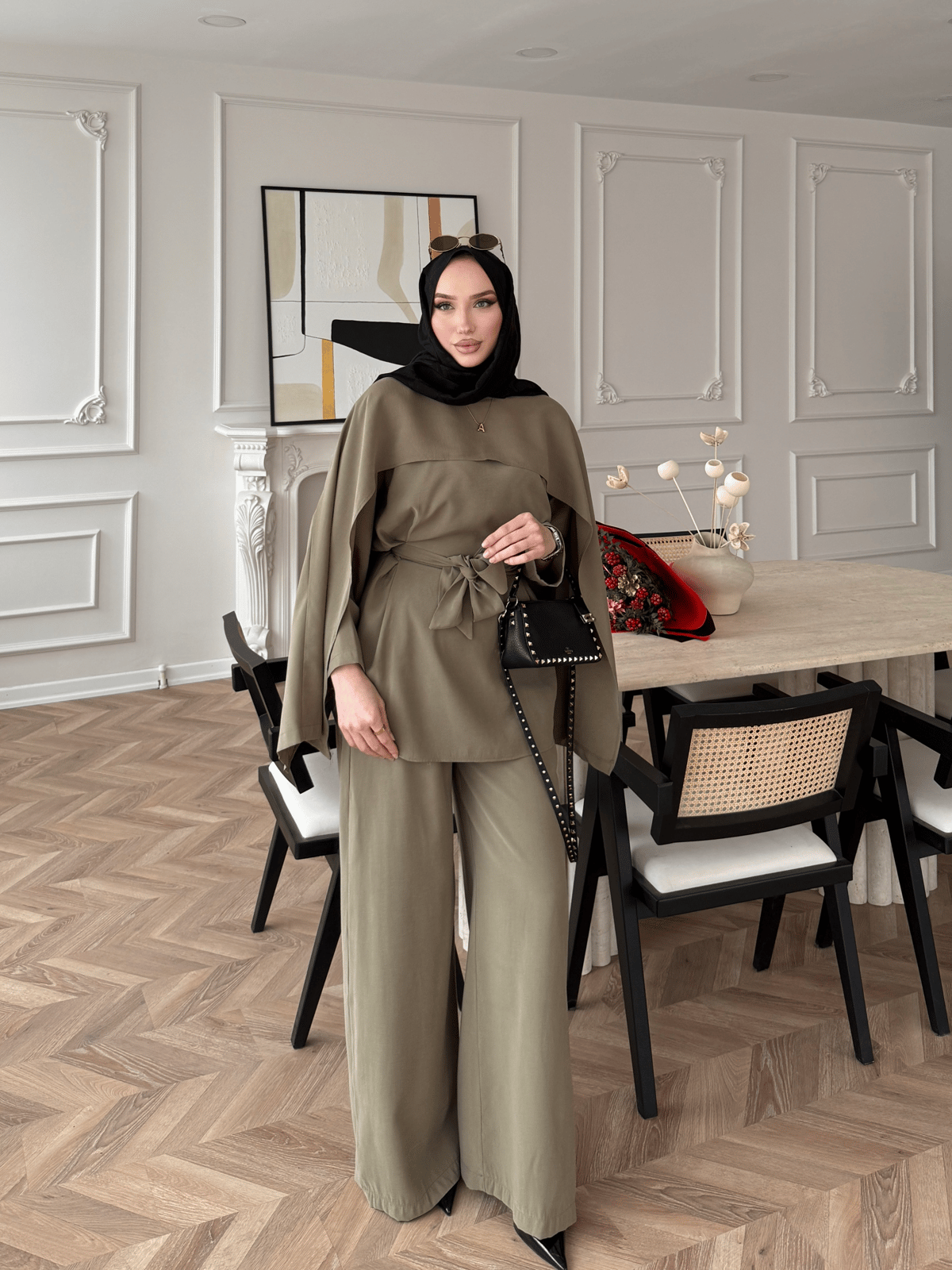 Olive Green Cape Style Two-Piece Set
