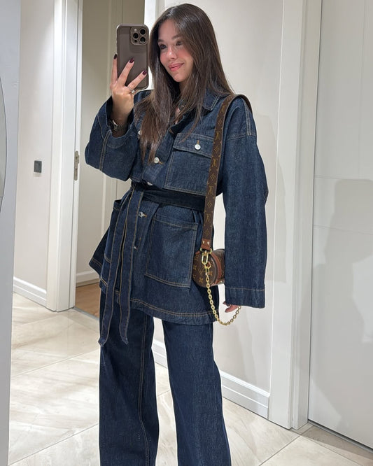 Belted jeans jacket with straight leg trouser co-ord set