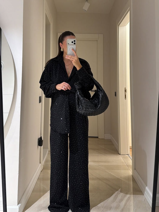 Stone Detail Shirt and Pants Set - Black