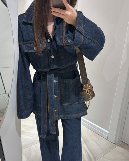 Belted jeans jacket with straight leg trouser co-ord set