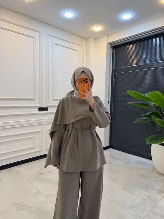 layered wrap cape-style overlay and a waist tie  with wide-leg pants co-ord set