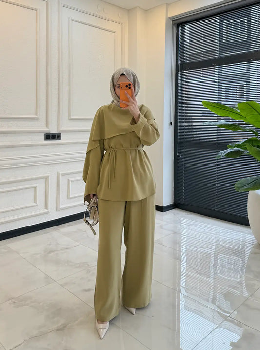 layered wrap cape-style overlay and a waist tie  with wide-leg pants co-ord set