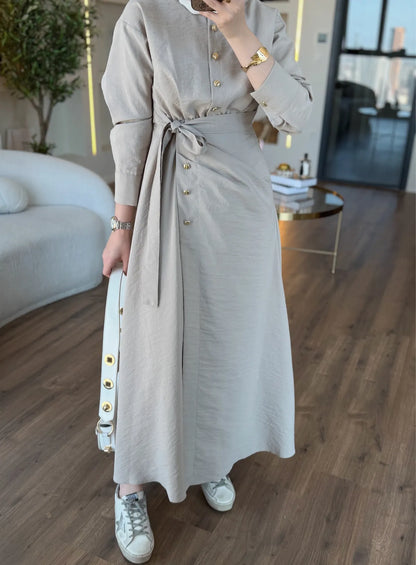 Wrap Dress in Cupro Fabric with Gold Buttons