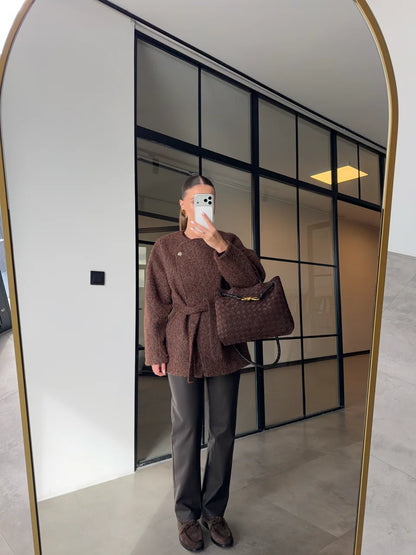 Short belted Cachet Coat With Gold Buttons