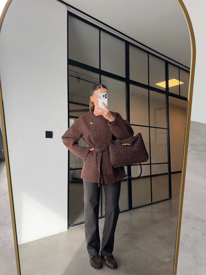 Short belted Cachet Coat With Gold Buttons