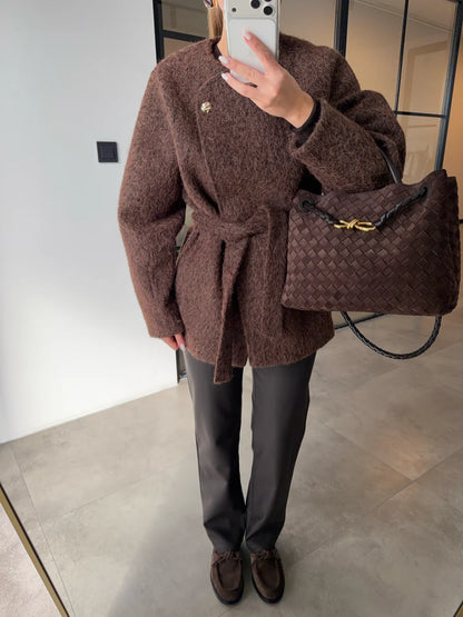 Short belted Cachet Coat With Gold Buttons