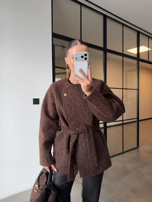 Short belted Cachet Coat With Gold Buttons