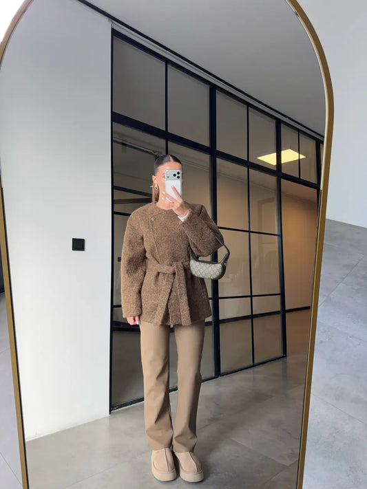 Short belted Cachet Coat With Gold Buttons