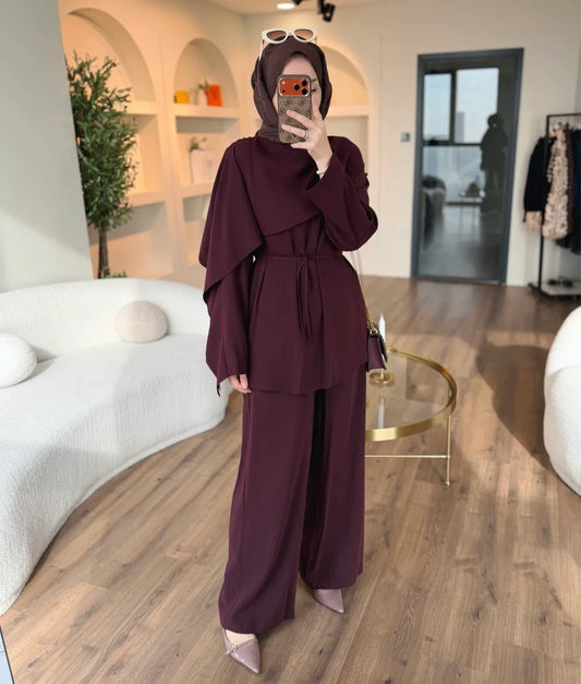 layered wrap cape-style overlay and a waist tie  with wide-leg pants co-ord set