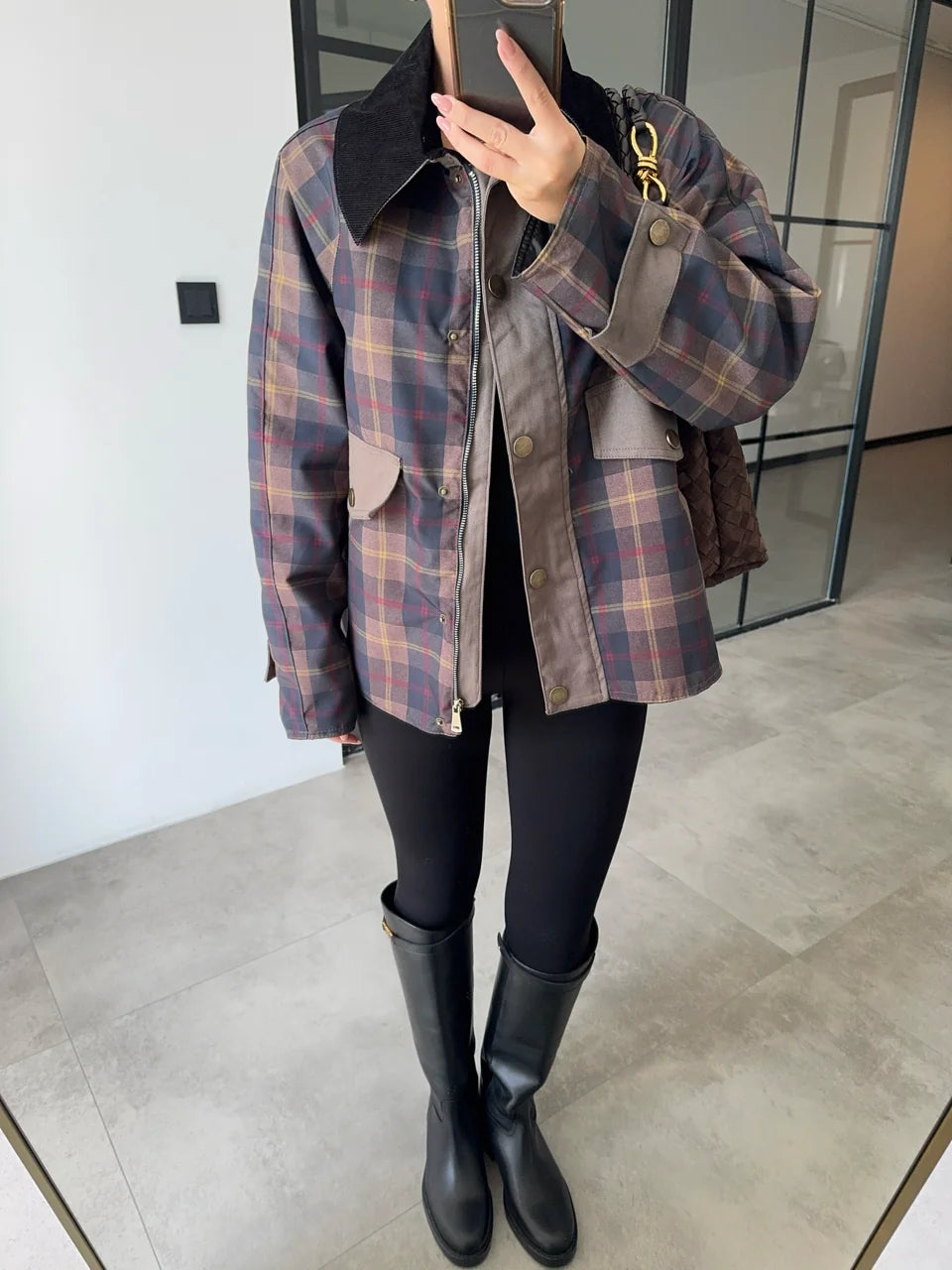 Checked waterproof jacket with courdroy collar