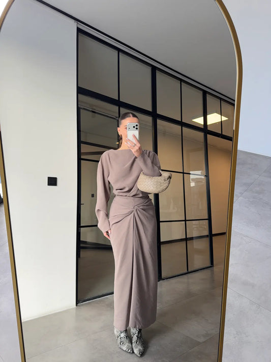 ASYMMETRICAL BLOUSE AND RUFFLED SKIRT SET