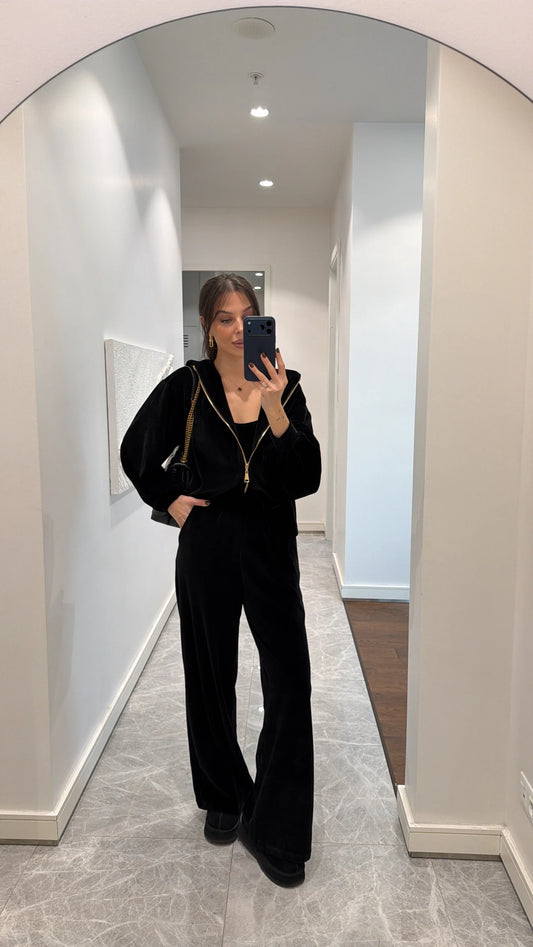 Black Velvet Textured Zip-Up Sweatshirt Bustier with wide leg pants co-ord set