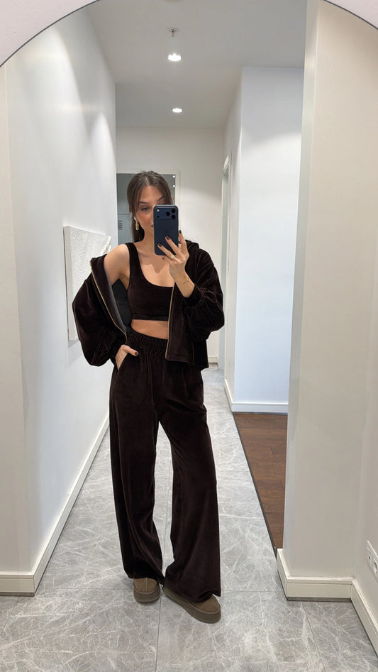 Brown Velvet Textured Zip-Up Sweatshirt Bustier with wide leg pants co-ord set