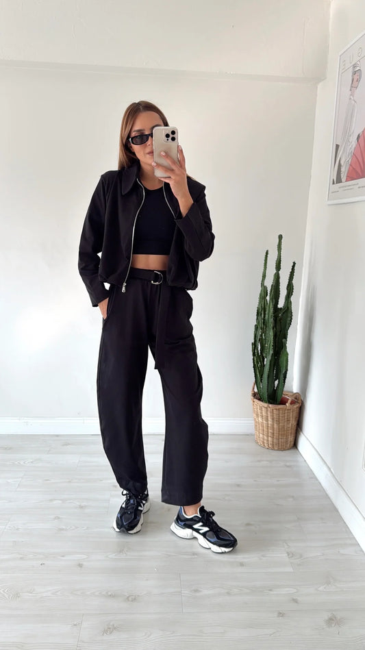 ZR model cotton bomber jacket with Belted Trousers Two-Piece Set-  black