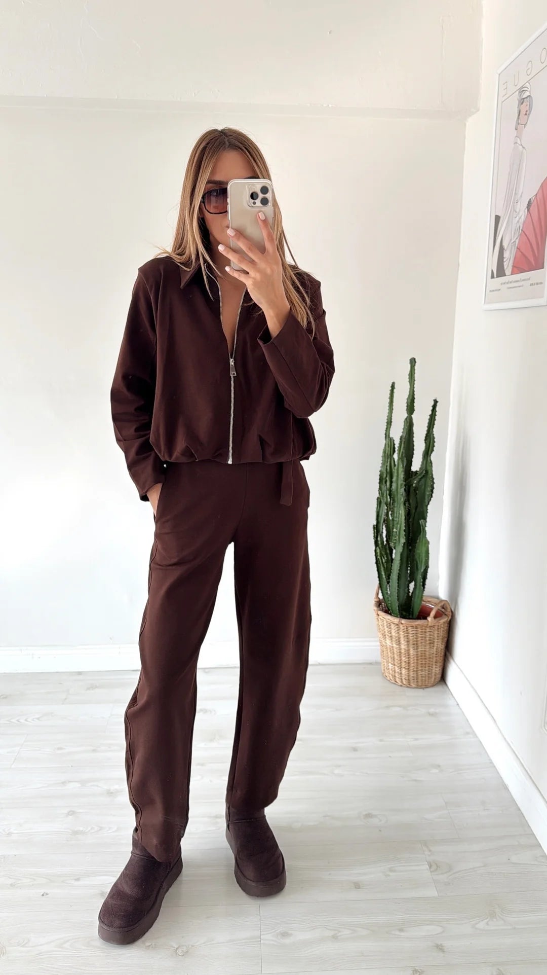 ZR model cotton bomber jacket with Belted Trousers Two-Piece Set-  Coffee