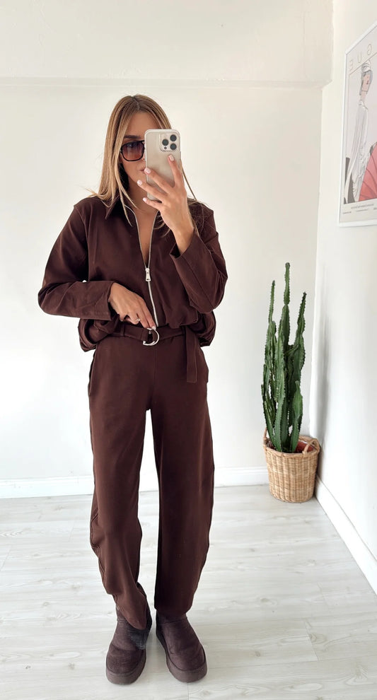 ZR model cotton bomber jacket with Belted Trousers Two-Piece Set-  Coffee