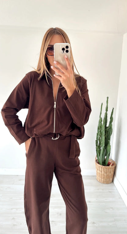 ZR model cotton bomber jacket with Belted Trousers Two-Piece Set-  Coffee