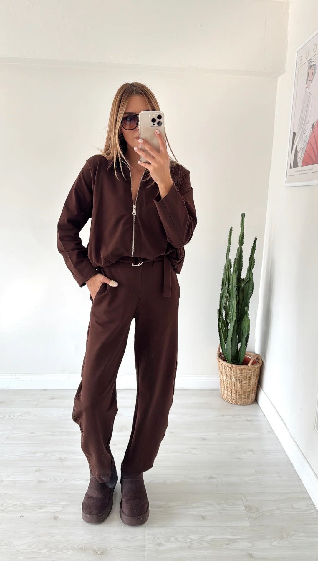ZR model cotton bomber jacket with Belted Trousers Two-Piece Set-  Coffee