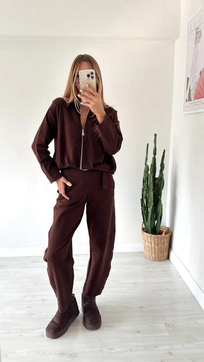ZR model cotton bomber jacket with Belted Trousers Two-Piece Set-  Coffee